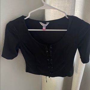 Black crop top with lace tie front